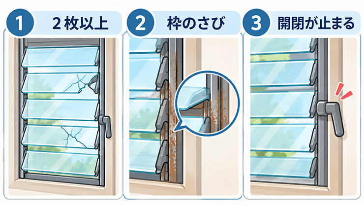 複数枚の割れ、枠のさび、開閉が動かない