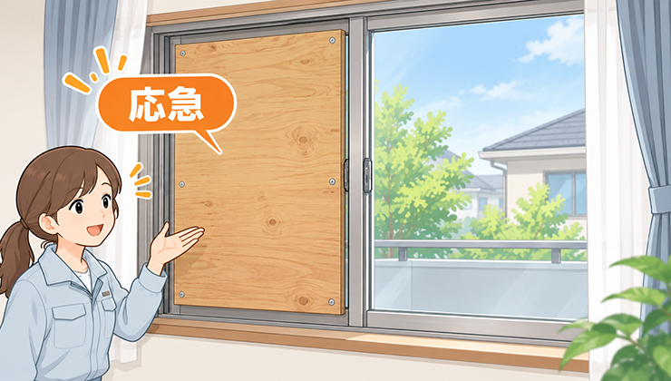 応急処置で割れた窓を塞ぐ