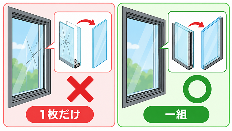 ペアガラスは割れた1枚だけでは替えられない